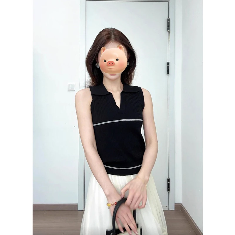 法式翻领冰丝亚麻针织背心女夏外穿设计感小众修身无袖polo衫上衣