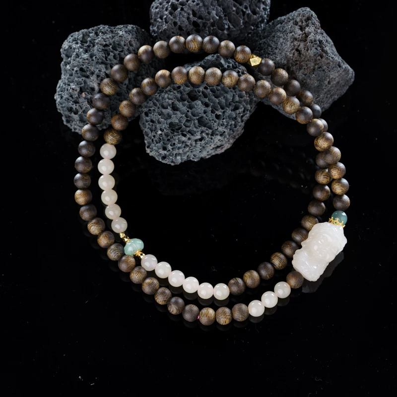 【若芙】奇楠沉香0.6藕粉绿度母多圈手串