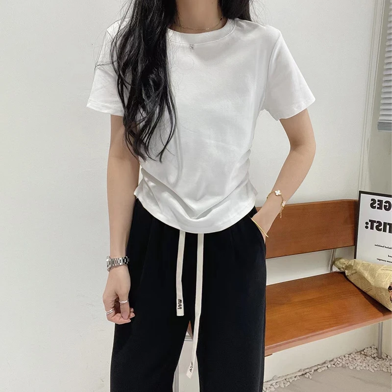 小众别致修身白色正肩短袖t恤女装夏款上衣