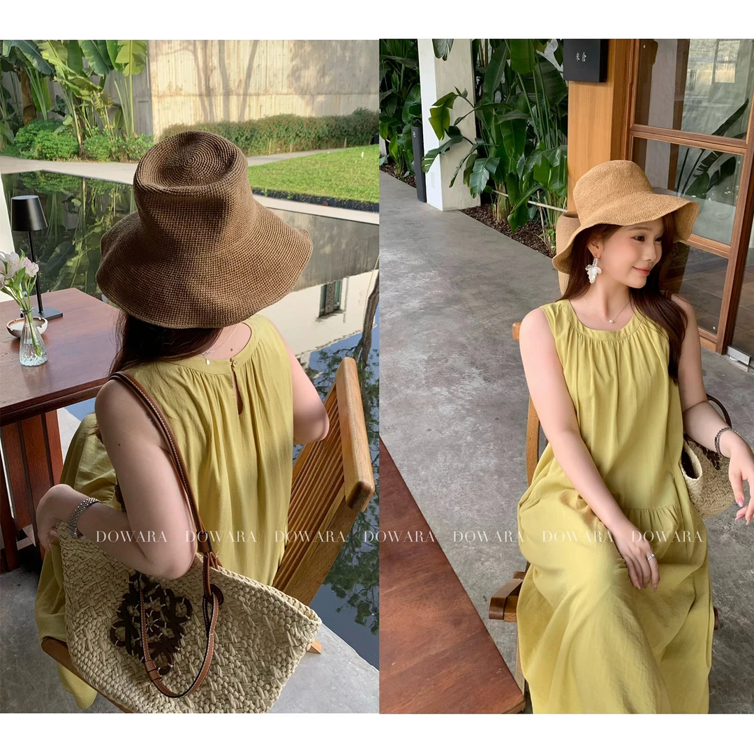 现货大婉酱微胖定制【银杏梦】法式黄色无袖连衣裙夏季A摆长裙9062D