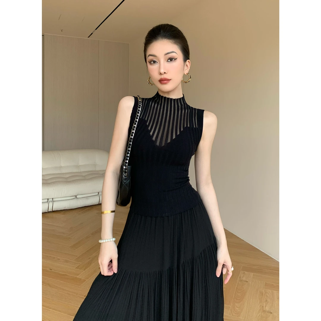 2025夏时尚气质半高领镂空针织小背心网纱拼接打底 JD03SMPT1105