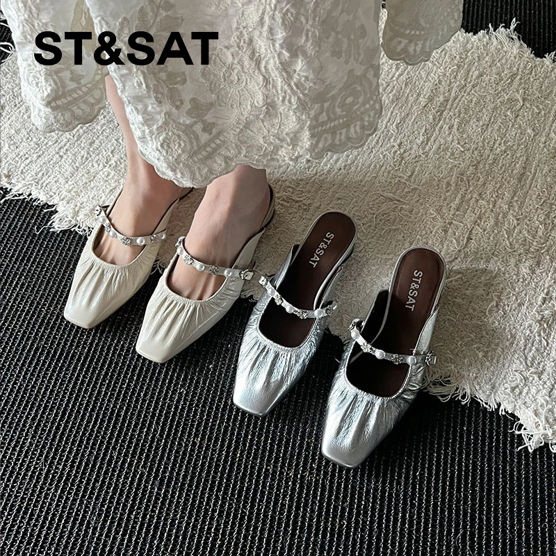 St&Sat/星期六纯色低跟复古港风珍珠时尚包头拖百搭法式凉拖粗跟