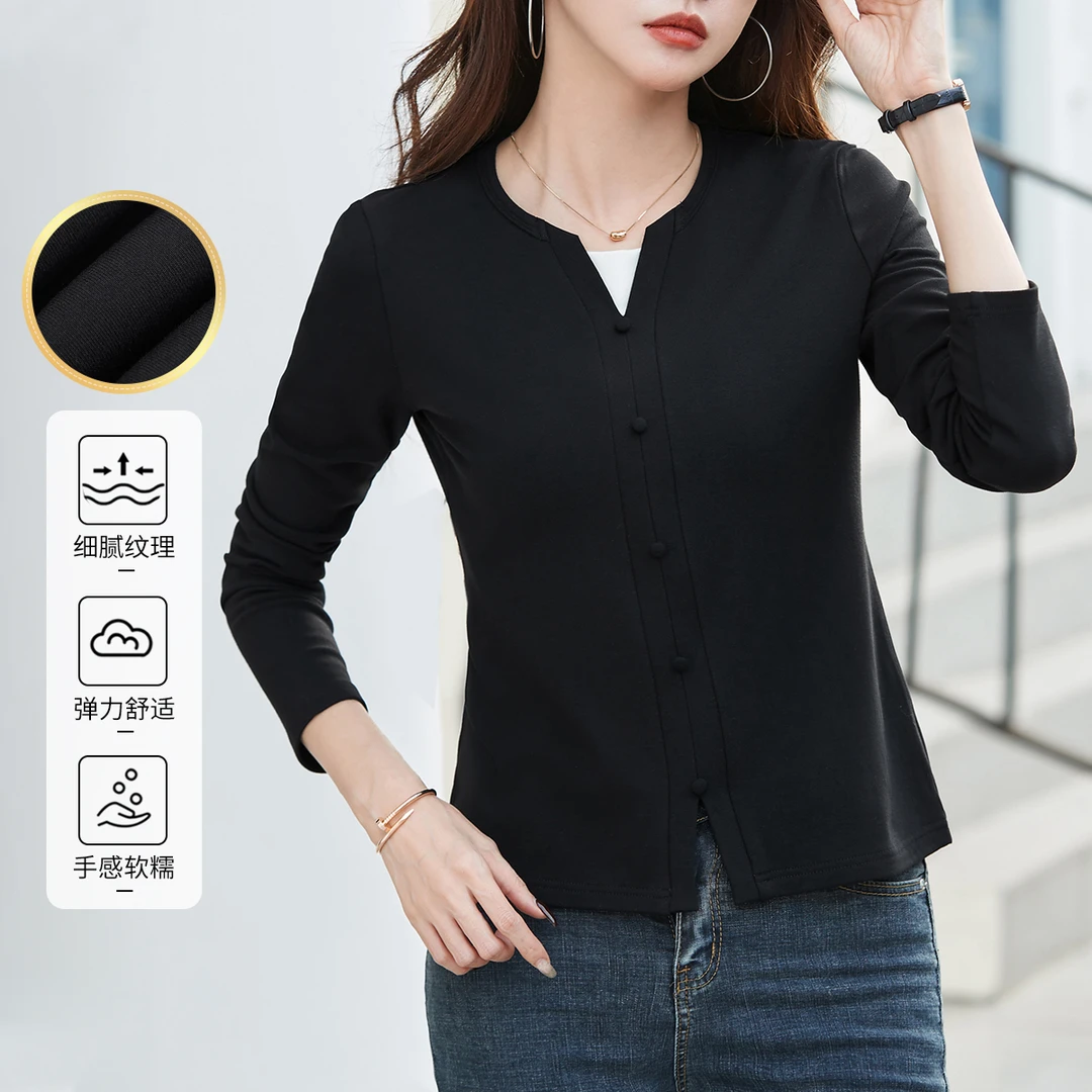 冬季加绒保暖V领打底衫2025新款正肩洋气黑色长袖t恤时尚百搭女装