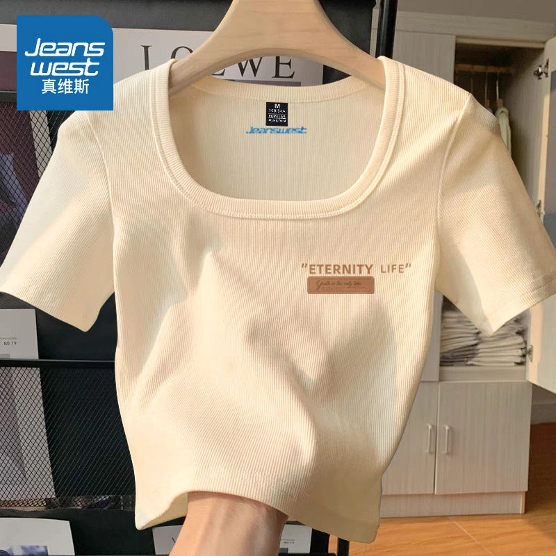 真维斯t恤女2025春游新款方领短款上衣韩版chic修身体恤夏季穿搭