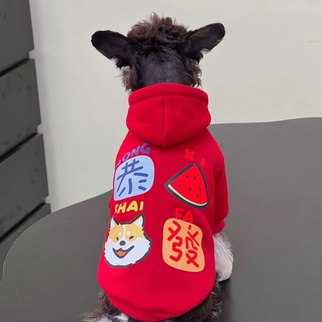 冬季加绒狗狗新年红色喜庆衣服比熊雪纳瑞小型犬两脚过年装拜年服