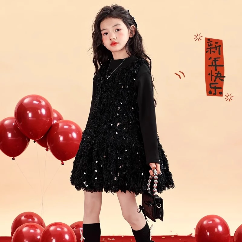 黑天鹅女童连衣裙冬季加绒高端生日礼服裙子儿童公主裙黑色秋冬款