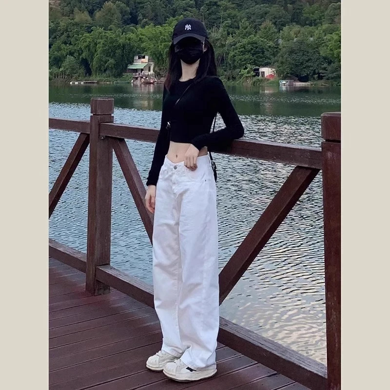 白色牛仔裤女宽松韩版阔腿裤2025年新款裤子高腰直筒裤宽松春秋