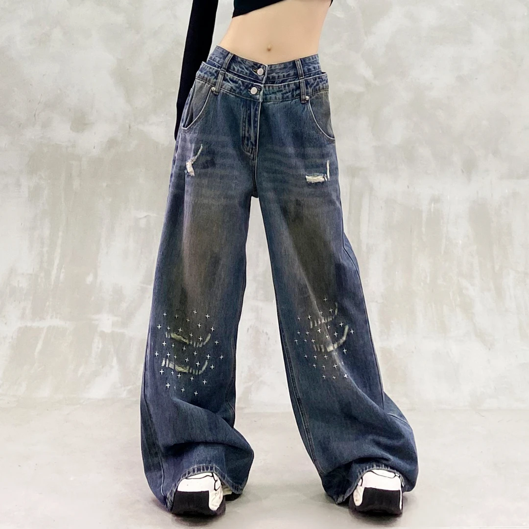 双高腰设计磨破刷漆牛仔裤女秋新款高腰宽松显瘦百搭直筒阔腿裤子