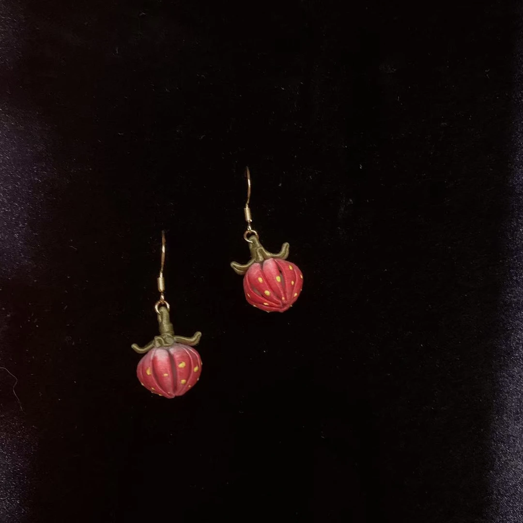 非金属布艺耳饰 【草莓】手粉色 工绒花耳环古风复古百搭超仙