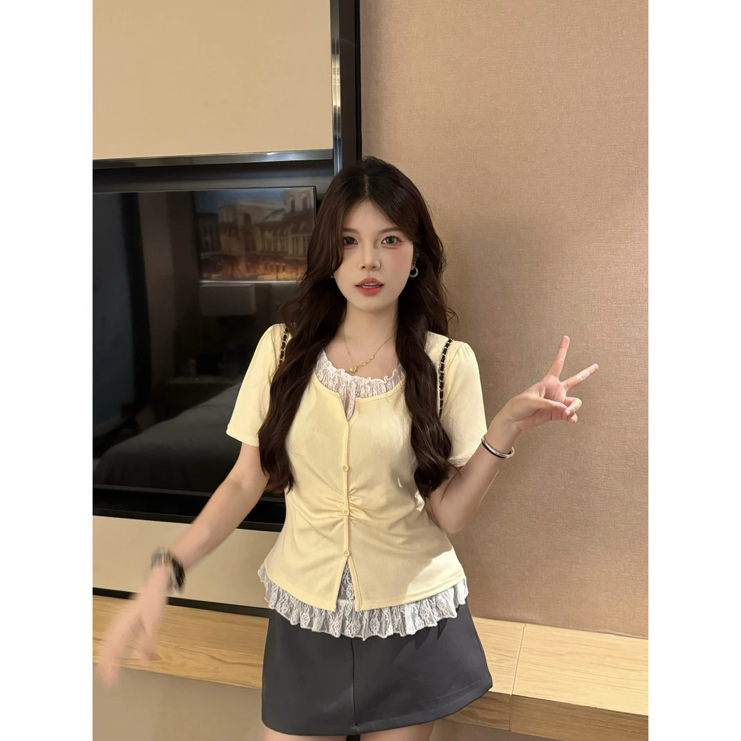 A8 2025夏季胖MM韩系穿搭蕾丝拼接假两件短袖打底衫T恤女显瘦气质