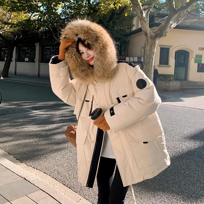 大毛领工装派克羽绒服女2025冬季新款设计感情侣白鹅绒冲锋衣外套