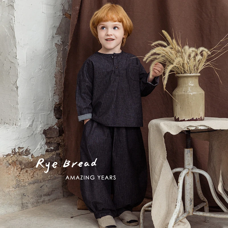 ryebread/黑面包童装 韩系男童小童纯色休闲牛仔套装 5春