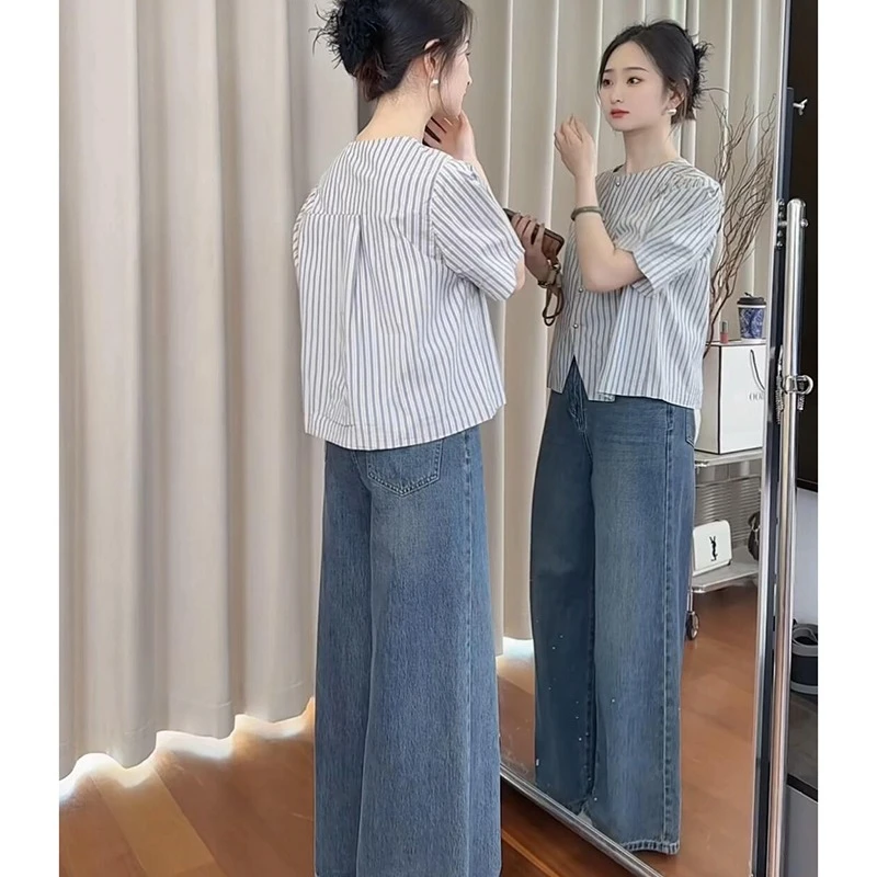欧货小个子穿搭一整套高级感干练气质活泼减龄休闲条纹上衣裤子夏