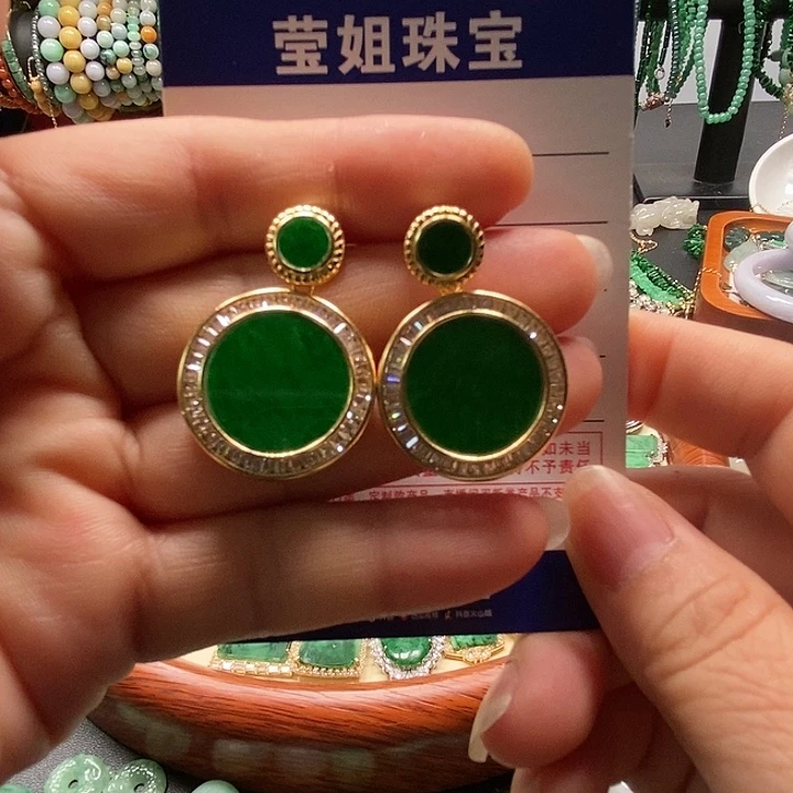 翡翠银S925镶嵌耳饰小*绿无事牌耳钉