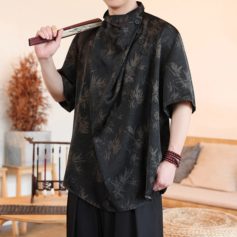 新中式堆堆领冰丝t恤男夏季中国风印花短袖宽松不规则设计感上衣