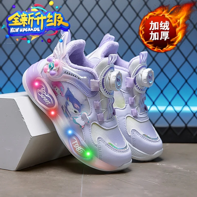 女童冬季加绒卡通公主软底发光亮灯鞋儿童轻便炫酷纽扣时尚运动鞋
