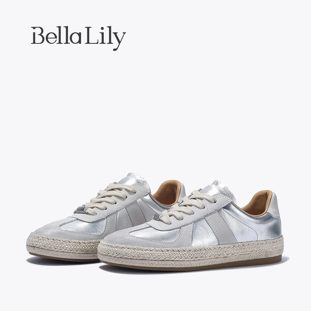 BellaLily2025春季新款牛皮银色德训鞋chic百搭潮鞋女编织渔夫鞋