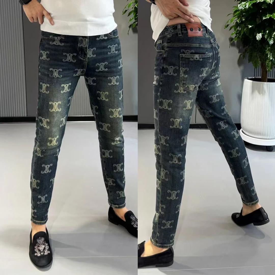 牛仔裤男款爆款2025新款长裤男时尚潮流印花小脚裤男修身显瘦男裤