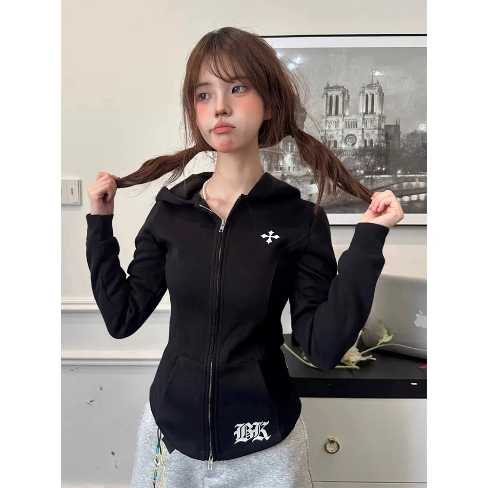 薄款双拉链头纯棉华棉复合卫衣女长袖休闲时尚百搭宽松上衣连帽