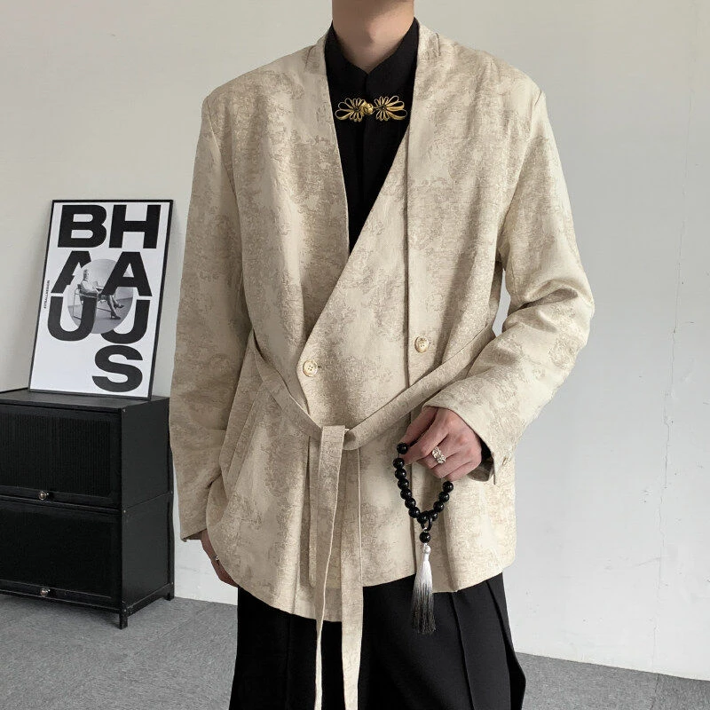 法式复古西装外套男春秋季新中式国风高级感提花解构拼接痞帅西服