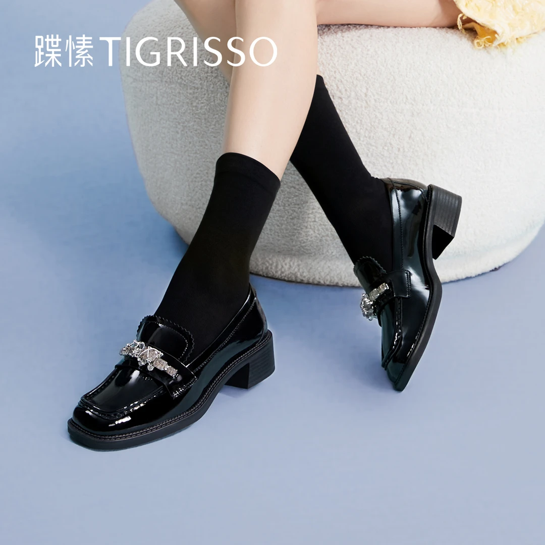 蹀愫春秋季水钻方头复古一脚蹬增高英伦乐福鞋TA54102-16