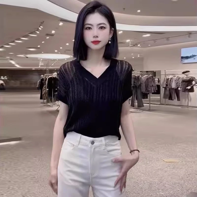 2025夏季新款女士黑色v领轻薄网纱短袖T恤衫高级感超好看别致上衣