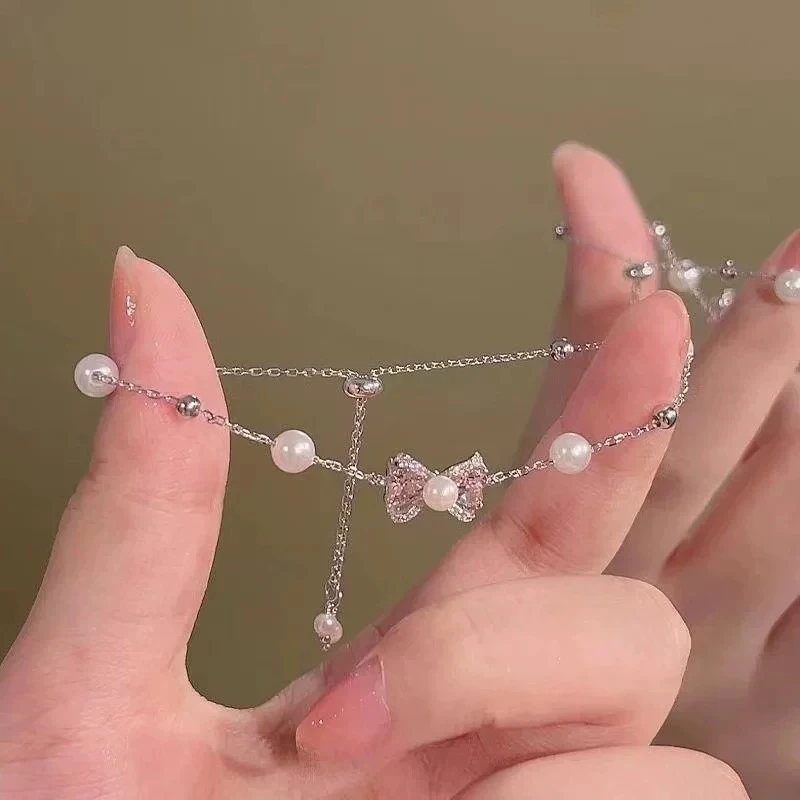 铜合金手链 【心心恋恋】手链女生粉色爱心蝴蝶结简约手饰品F1679