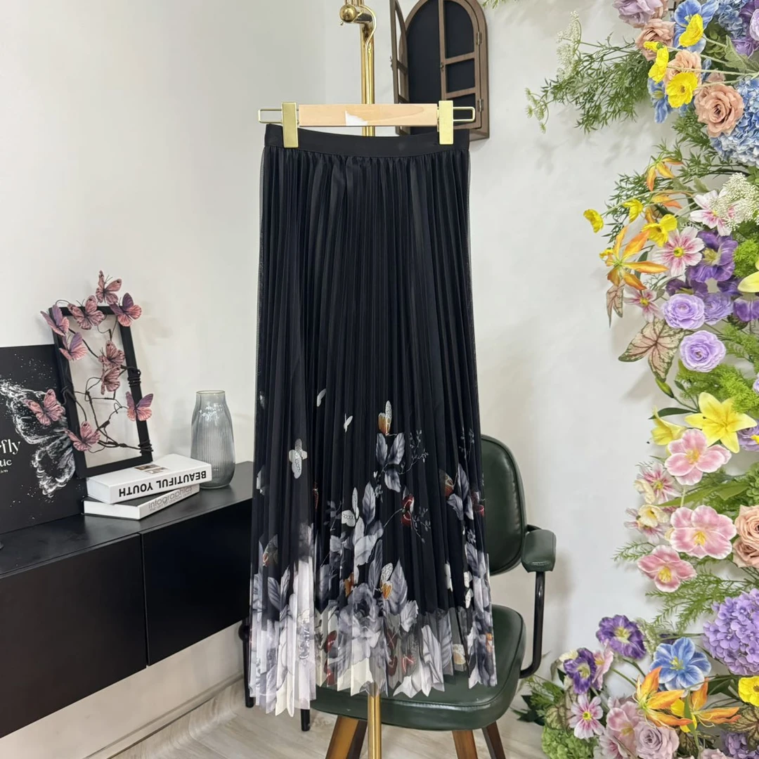 A Q808-116:百褶半身裙蝴蝶印花女春夏中长款垂感显瘦大摆A字