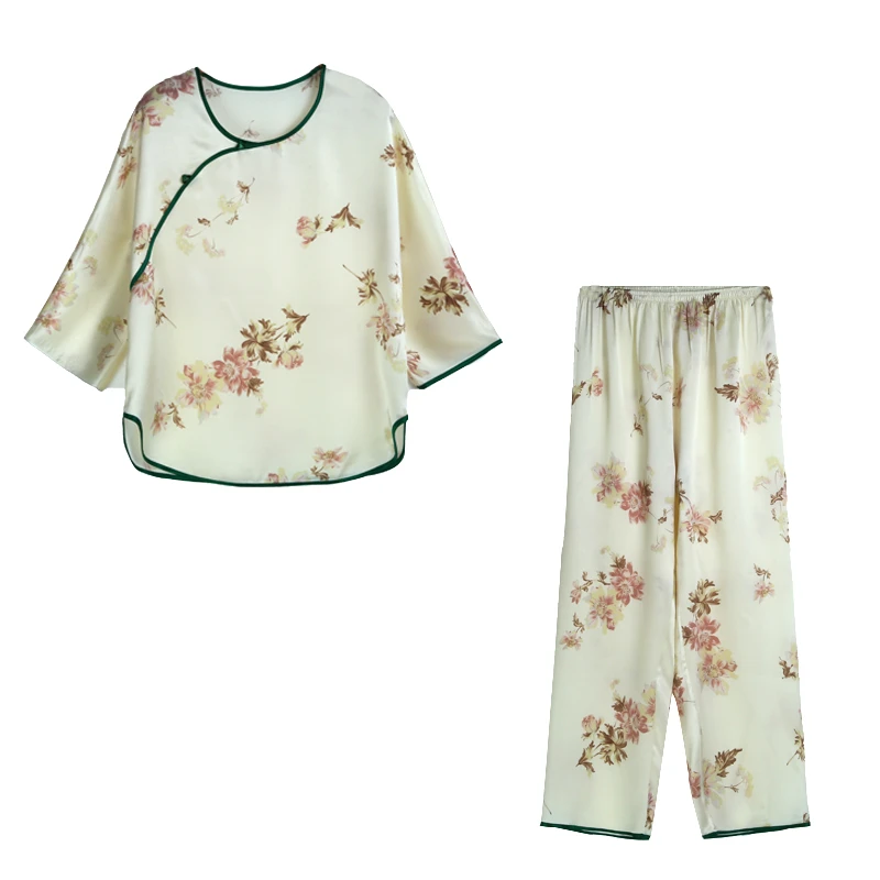 19姆米满桑印花素绉缎真丝睡衣套装古朴茶色B090C090