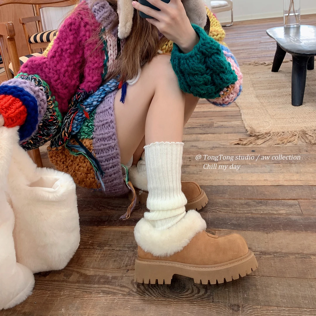 TONG潼潼厚底大头一脚蹬雪地靴女2025新款冬季真皮加绒毛毛棉鞋