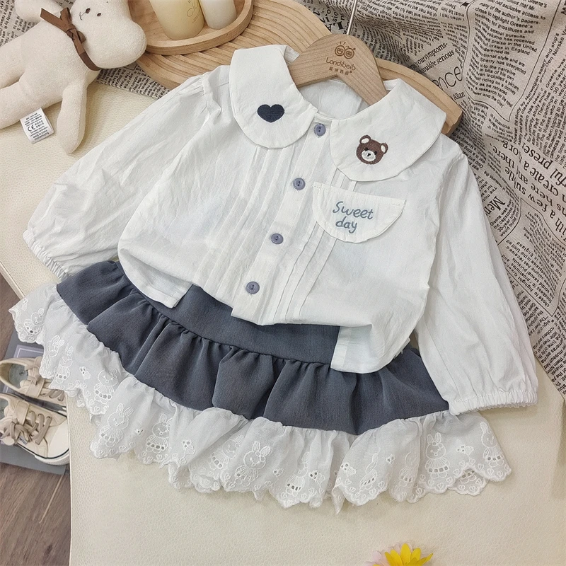 春款女童时尚洋气韩版蕾丝拼接裙套装女宝娃娃领拼接纯棉套装811