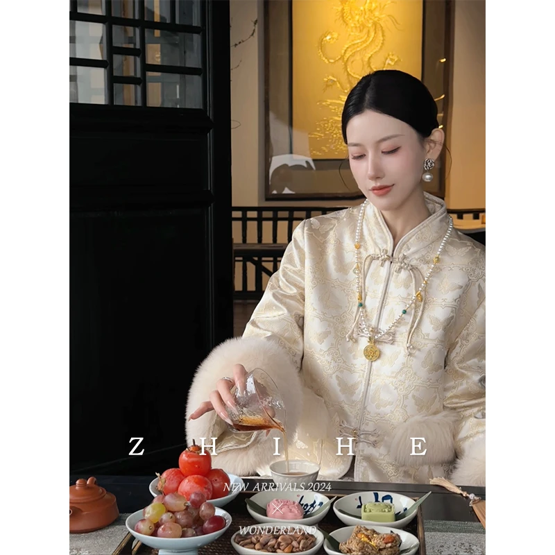 无艳一禾【白玉簪】新中式提花立领狐狸毛超暖羽绒服