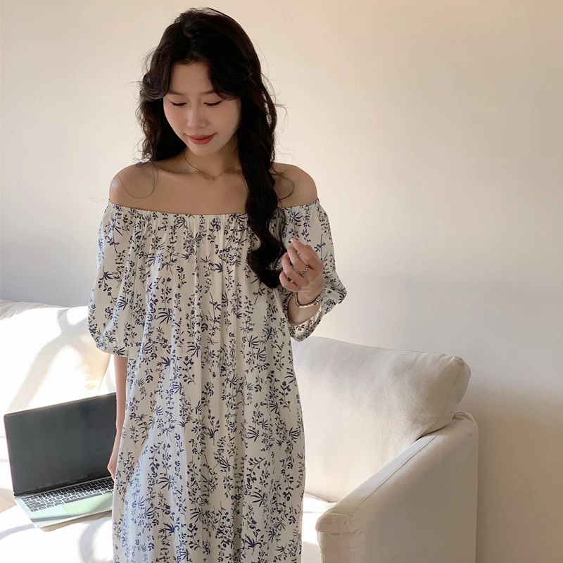 睡个好觉棉绸短袖睡连衣裙清新少女夏女卡通可爱印花一字领两穿薄