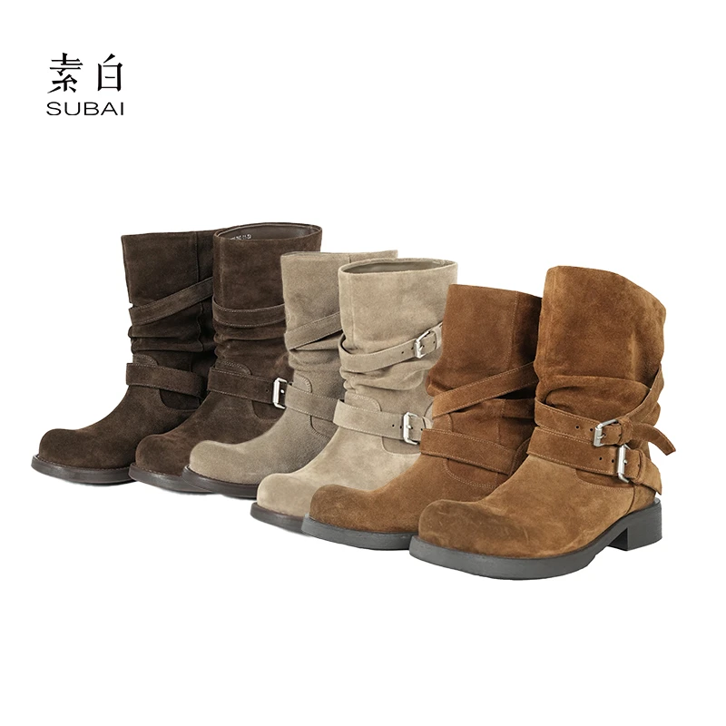 素白秋冬时尚802825百搭琥珀系磨毛中筒靴