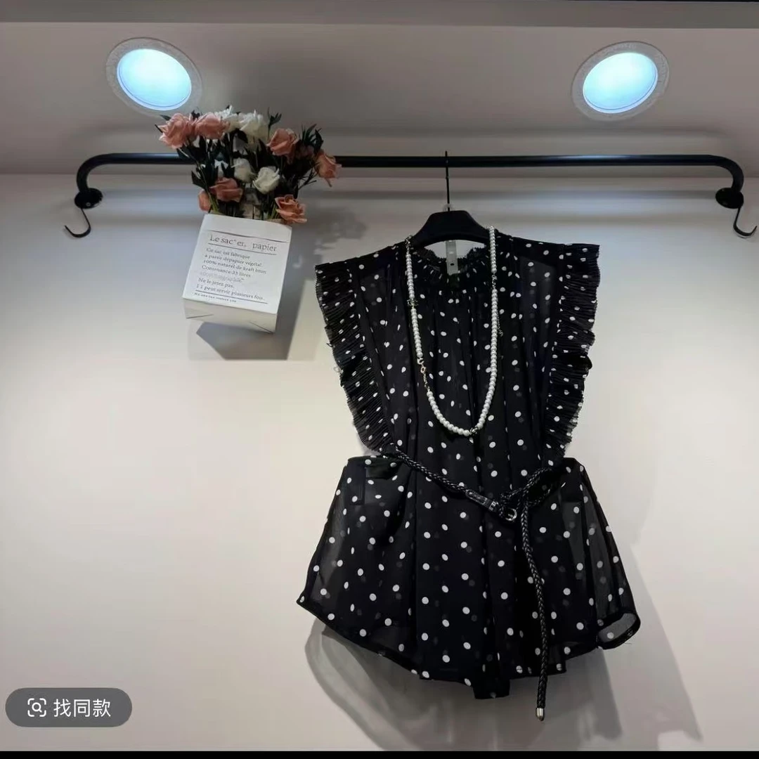 夏季新款法式复古波点飞飞袖显瘦衬衫带腰带