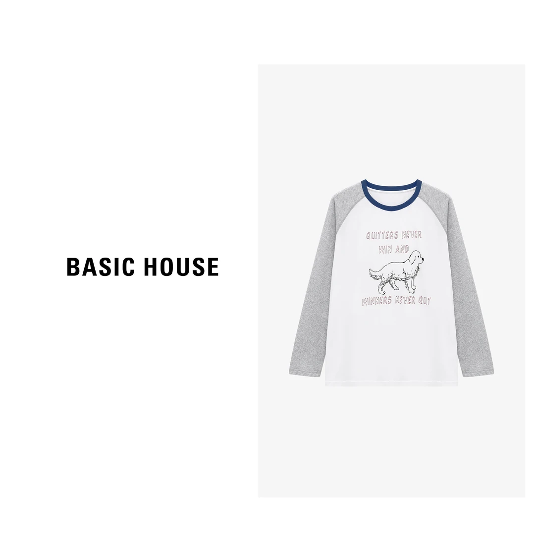 Basic House/百家好新款撞色拼接长袖女装休闲T恤-B0625B5GND2