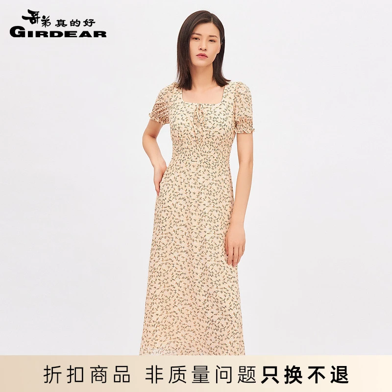 哥弟真的好女装夏季泡泡袖方领碎花洋装连衣裙女A500162