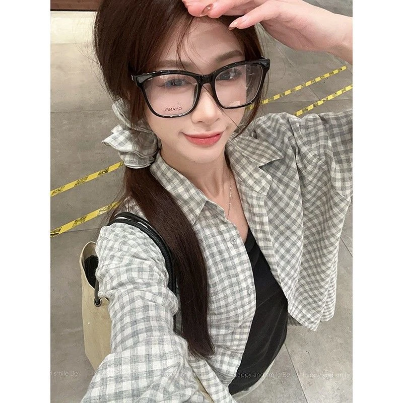 格子衬衫外套女夏季2025新款甜美宽松衬衣长袖休闲上衣赠送头花