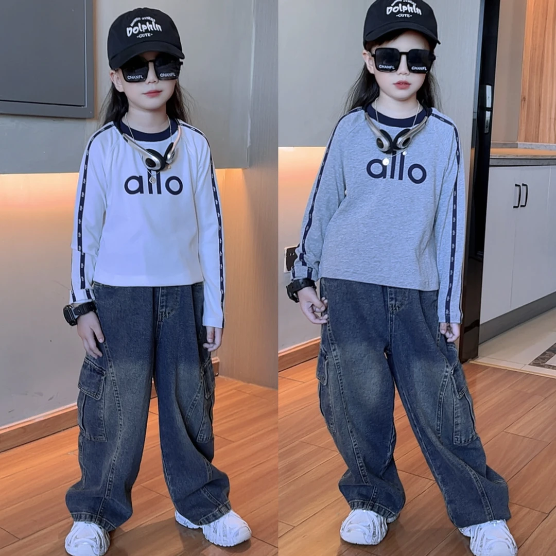 女童秋装套装中大童洋气女孩运动拉条T恤打底衫工装牛仔裤两件套