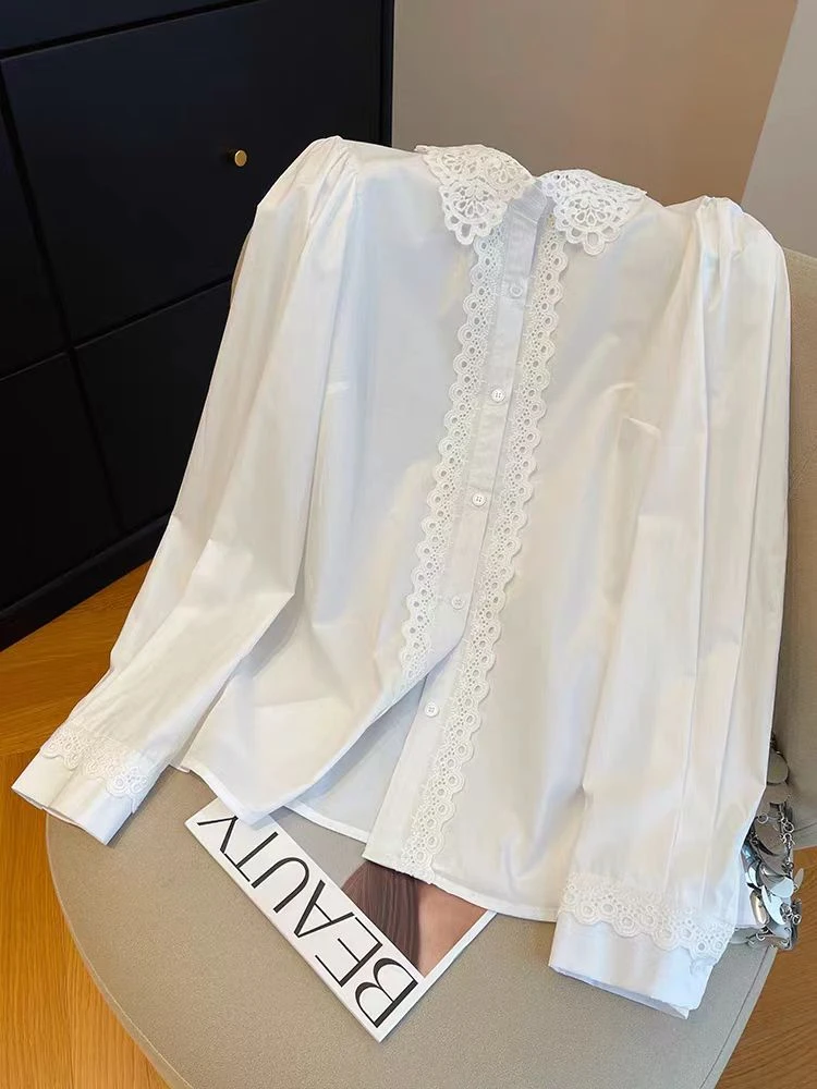 【济州岛】高级感镂空勾花蕾丝拼接衬衫女