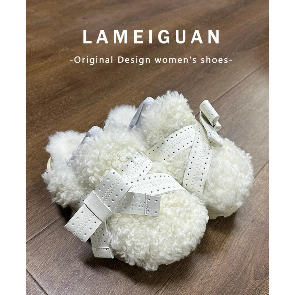 甜美蝴蝶结羊羔毛毛厚底包头拖鞋女2025秋冬新款加绒保暖棉鞋