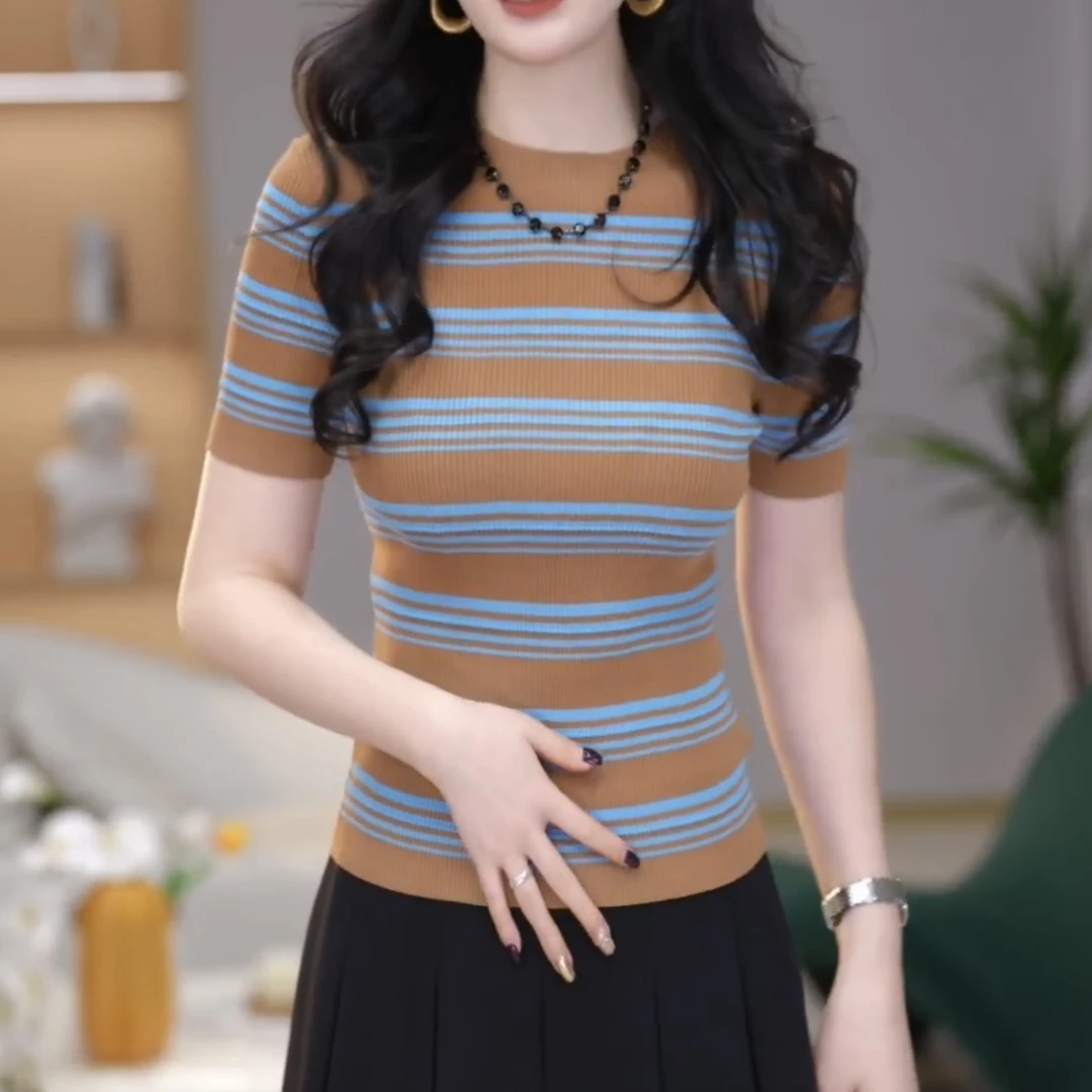 商场同款女装2025新款气质百搭T恤条纹修身显瘦针织衫上衣538047