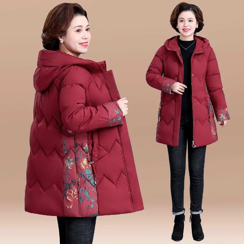 妈妈冬季新款棉服印花洋气百搭中长款保暖棉服外套气质显瘦款