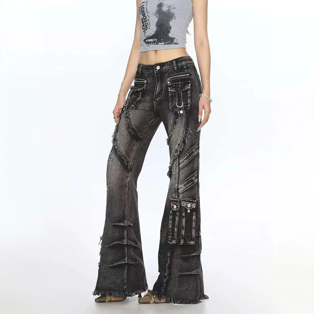 2025新款美式复古时尚重工做旧水洗立体毛边牛仔裤男女微喇叭长裤