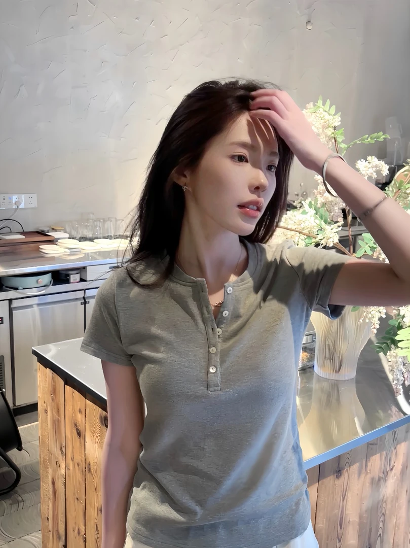 REMLAN【韩剧女主】夏季显瘦亨利领纯色短袖T时尚休闲百搭