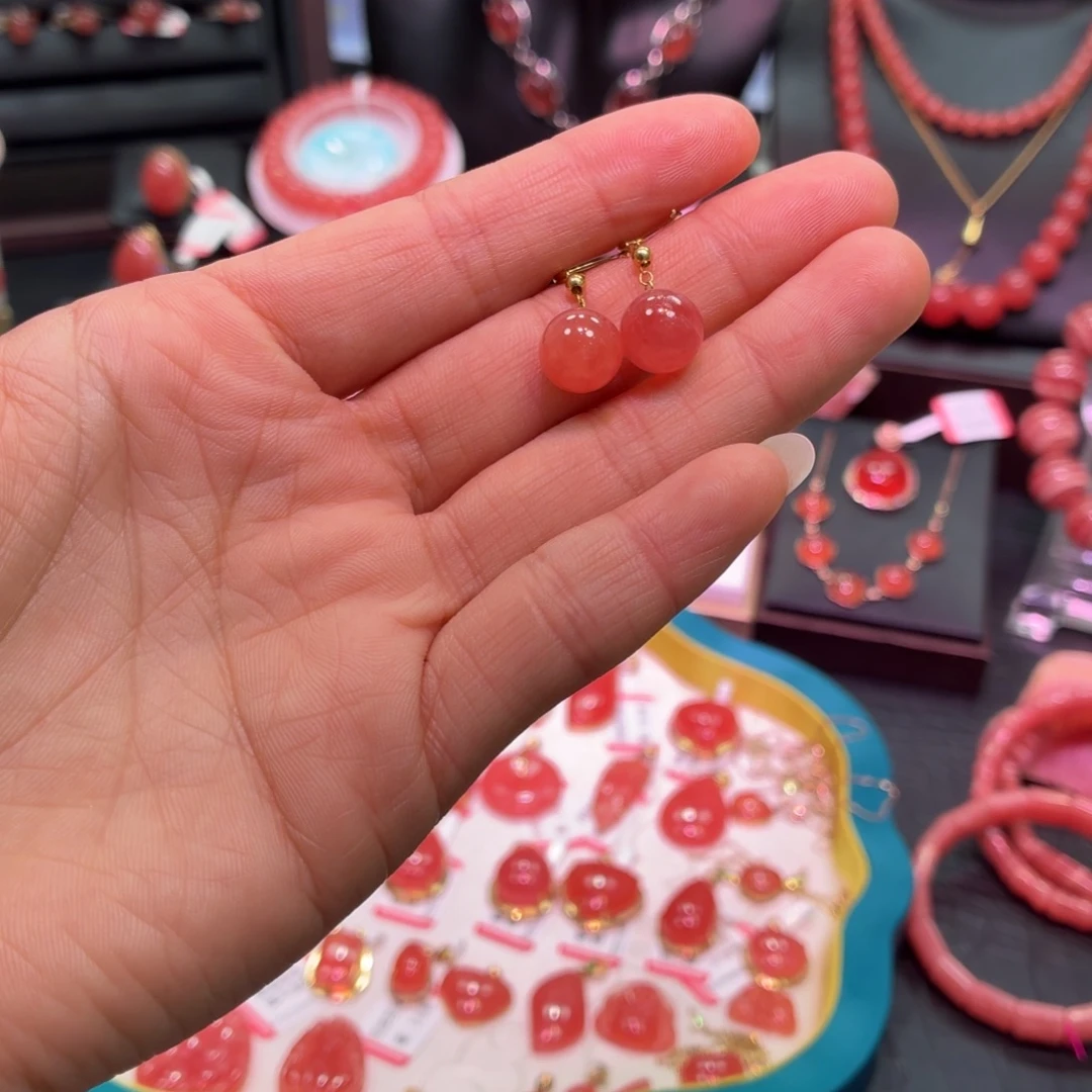 菱锰矿（红纹石）18K金镶嵌耳钉