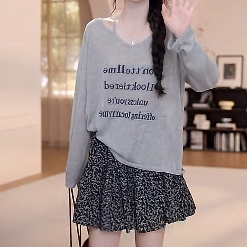 韩版休闲印花长袖罩衫字母T恤女夏季2025新款超好看透气外穿上衣