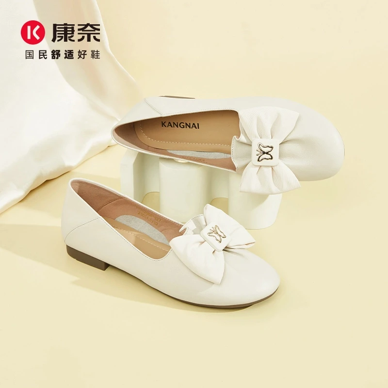Kangnai/康奈42046专柜正品春秋真皮平跟蝴蝶结浅口大码女士单鞋