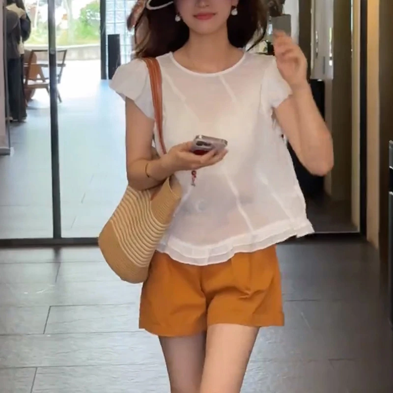 2025夏季新款时尚百搭小飞袖设计感小众通勤纯色宽松显瘦小衫上衣