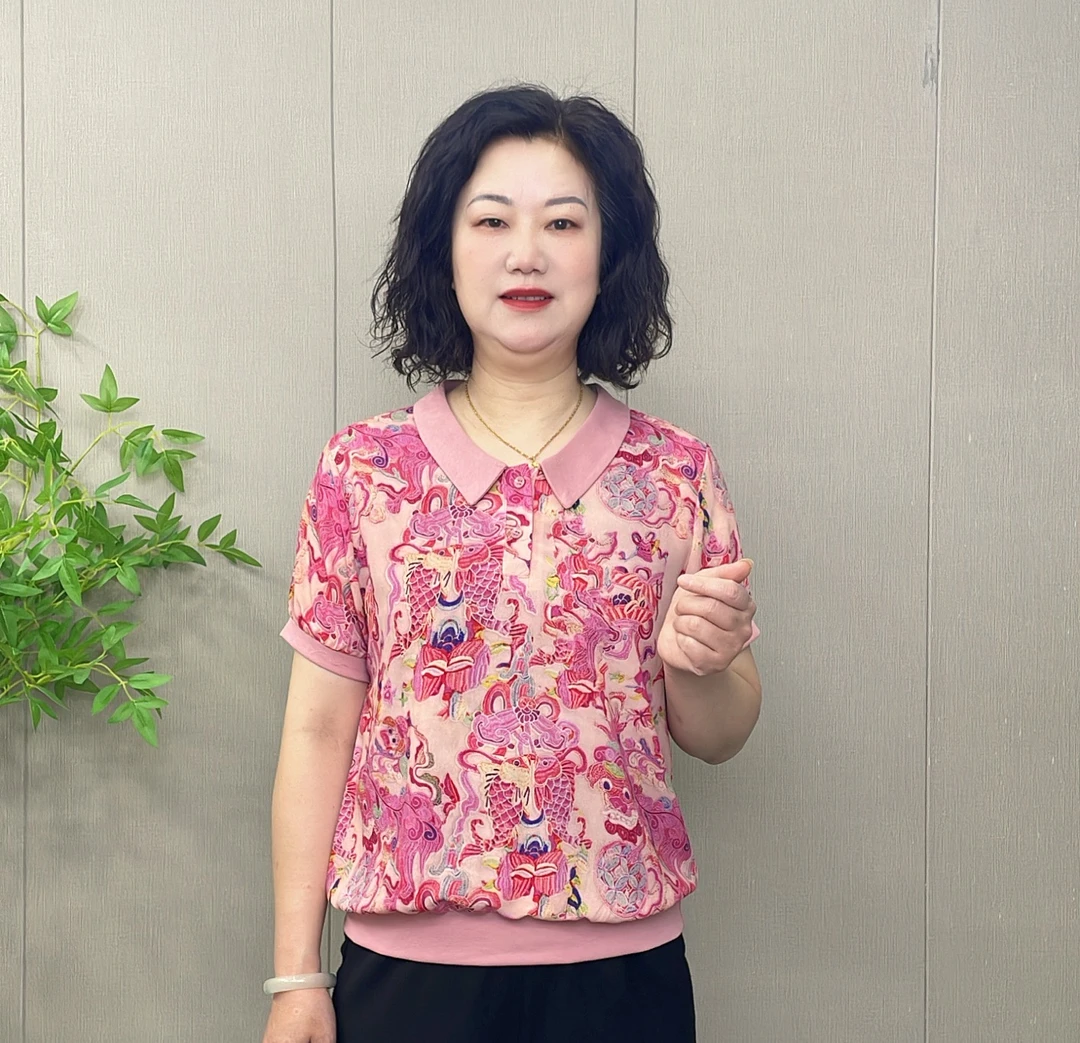 2025夏季时尚洋气薄款T恤宽松显瘦遮肚减龄百搭翻领气质妈妈装